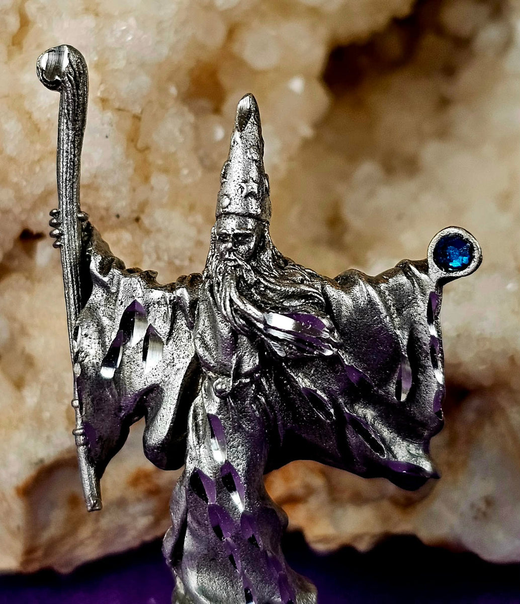 Antique Vintage Pewter Wizard Figurine w/Blue Gem & Staff
