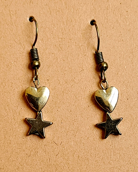 Solid Pyrite Star &  Heart Dangle Earrings ⭐❤️
