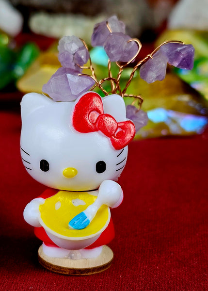 Hello Kitty Figurine w/ Amethyst Wire Wrapped Crystal Tree 😻✨🥹