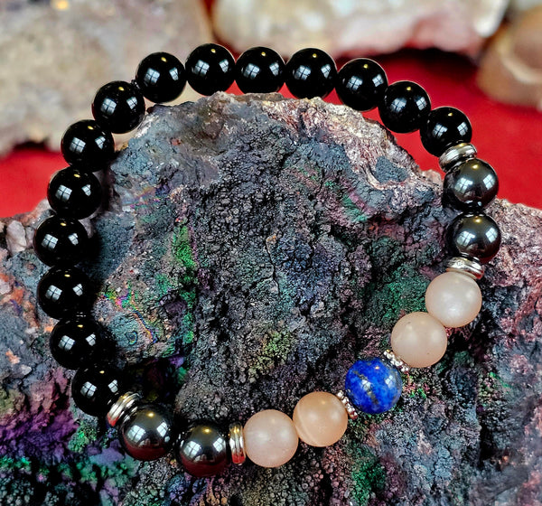 Black Tourmaline, Hematite, Peach Moonstone, Lapis Lazuli Crystal Bracelet 📿🖤🍑💙
