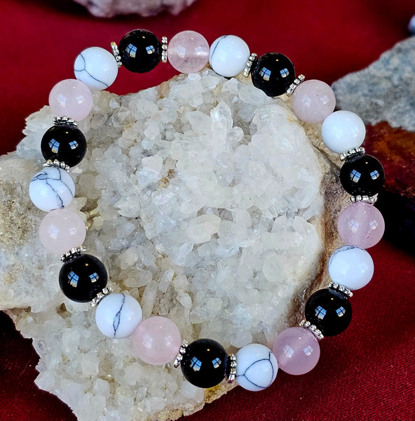 Rose Quartz, Black Obsidian, & Howlite Crystal Bracelet 📿🖤🩷🤍