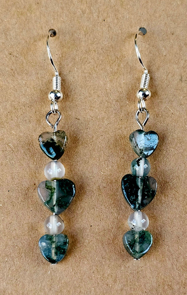 Moss Agate Crystal Heart Dangle Earrings 💚🤍💚