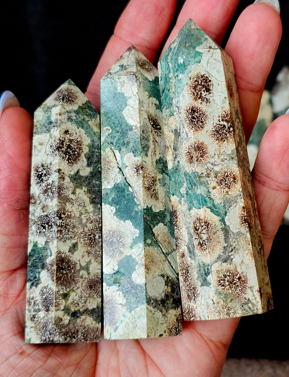 Green Rhyolite Flower Jasper Crystal Tower 💚🌸🍏 – Erika's Classy Crystals