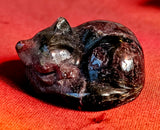 Arfvedsonite aka Fireworks Stone & Garnet Crystal Sleeping Kitty Crystal Carving 🐾😴😻