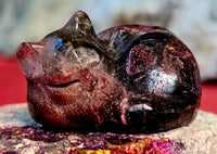 Arfvedsonite aka Fireworks Stone & Garnet Crystal Sleeping Kitty Crystal Carving 🐾😴😻