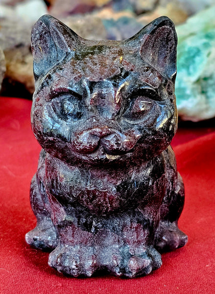 LG. Arfvedsonite aka Fireworks Stone w/Garnet Kitty Statue