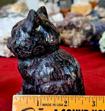 LG. Arfvedsonite aka Fireworks Stone w/Garnet Kitty Statue