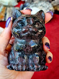 LG. Arfvedsonite aka Fireworks Stone w/Garnet Kitty Statue