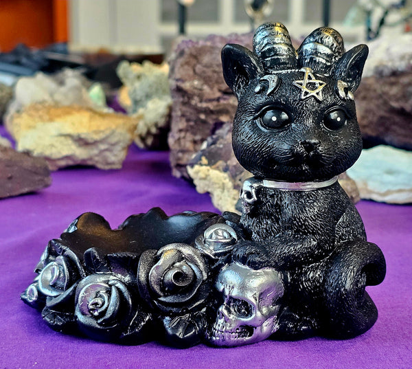 LG. Adorable Demon Kitty w/Roses Crystal Sphere Holder 😻🖤🐈‍⬛🔮🌹