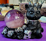 LG. Adorable Demon Kitty w/Roses Crystal Sphere Holder 😻🖤🐈‍⬛🔮🌹