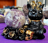 LG. Adorable Demon Kitty w/Roses Crystal Sphere Holder 😻🖤🐈‍⬛🔮🌹