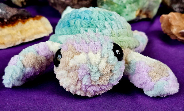 Handmade Crocheted Turtlebaby Plushie w/Rainbow Flippers 🩷🐢🩵🥹