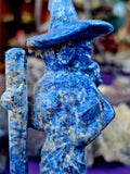 LG. Lapis Lazuli Crystal Witch w/Cat Familiar, Broom, & Spellbook 🧙‍♀️🧹🐈📚