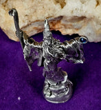 Antique Vintage Pewter Wizard Figurine w/Blue Gem & Staff