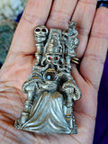 Vintage Antique Pewter Wizard Statue w/ Crystal Ball Red Eyes on Throne Figurine 🪄🧙‍♂️🧙‍♀️✨🔥