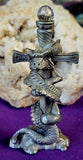Antique Vintage Pewter Dragon Cross Figurine w/Crystal Ball 🔮💎✨🩶🐲🐉