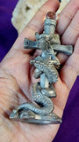 Antique Vintage Pewter Dragon Cross Figurine w/Crystal Ball 🔮💎✨🩶🐲🐉