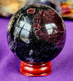 Arfvedsonite aka Fireworks Stone w/Garnet & Quartz Crystal Sphere ❤️🧨🎆🔮🤯🖤