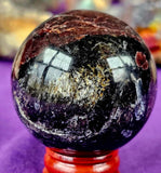Arfvedsonite aka Fireworks Stone w/Garnet & Quartz Crystal Sphere ❤️🧨🎆🔮🤯🖤