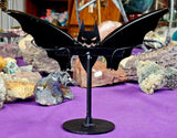 LG. Black Obsidian Crystal Bat Wings on Black Metal Bat Display Stand 🦇🖤✨😈