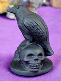 Matte Finished Black Obsidian Crystal Raven Perched on Skulls Carving 💀🖤🐦‍⬛