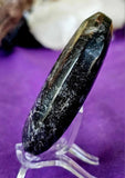 LG. Arfvedsonite aka Fireworks Stone w/Garnet Crystal Palmstone 🖤🎇🎆❤️