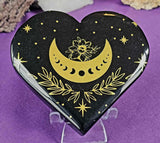 XL Black Obsidian Crystal Heart w/Gold Flower & Moon Phase Engraving 🖤🌺💛⚜️