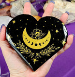 XL Black Obsidian Crystal Heart w/Gold Flower & Moon Phase Engraving 🖤🌺💛⚜️