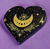 XL Black Obsidian Crystal Heart w/Gold Flower & Moon Phase Engraving 🖤🌺💛⚜️