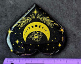 XL Black Obsidian Crystal Heart w/Gold Flower & Moon Phase Engraving 🖤🌺💛⚜️