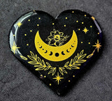 XL Black Obsidian Crystal Heart w/Gold Flower & Moon Phase Engraving 🖤🌺💛⚜️