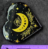 XL Black Obsidian Crystal Heart w/Gold Flower & Moon Phase Engraving 🖤🌺💛⚜️