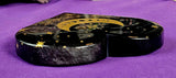 XL Black Obsidian Crystal Heart w/Gold Flower & Moon Phase Engraving 🖤🌺💛⚜️