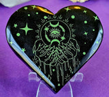 LG. Black Obsidian Crystal Heart w/Green Celestial Fortune Teller Engravings ✨🖤🔮💚
