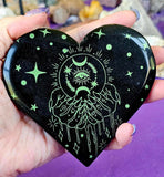 LG. Black Obsidian Crystal Heart w/Green Celestial Fortune Teller Engravings ✨🖤🔮💚