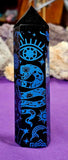 LG. Black Obsidian Crystal Tower w/Blue Engravings 💙🐍👁️⭐🖤