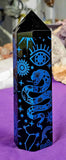 LG. Black Obsidian Crystal Tower w/Blue Engravings 💙🐍👁️⭐🖤