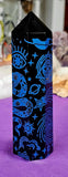 LG. Black Obsidian Crystal Tower w/Blue Engravings 💙🐍👁️⭐🖤
