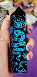 LG. Black Obsidian Crystal Tower w/Blue Engravings 💙🐍👁️⭐🖤