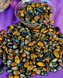SM. Blue & Gold Tiger's Eye Crystal Tumbles 3oz Bag