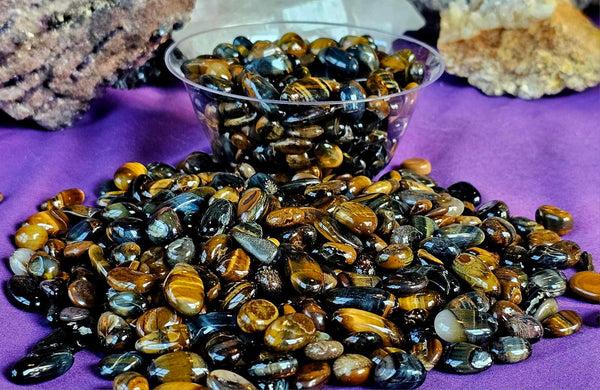 SM. Blue & Gold Tiger's Eye Crystal Tumbles 3oz Bag