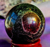 Arfvedsonite aka Fireworks Stone w/Garnet Crystal Sphere 🖤🎇🔮🎆❤️