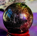 Arfvedsonite aka Fireworks Stone w/Garnet Crystal Sphere 🖤🎇🔮🎆❤️