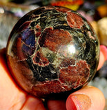 Arfvedsonite aka Fireworks Stone w/Garnet Crystal Sphere 🖤🎇🔮🎆❤️