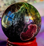 Arfvedsonite aka Fireworks Stone w/Garnet Crystal Sphere 🖤🎇🔮🎆❤️