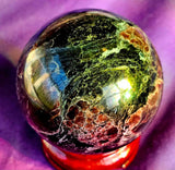 Arfvedsonite aka Fireworks Stone w/Garnet Crystal Sphere 🖤🎇🔮🎆❤️