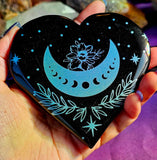 XL Teal Lotus Moonphase Black Obsidian Crystal Heart 🖤🌙🪷🩵