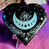 XL Teal Lotus Moonphase Black Obsidian Crystal Heart 🖤🌙🪷🩵