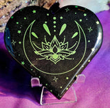 XL Green Lotus Moon Black Obsidian Crystal Heart 🖤🌙🪷💚