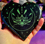 XL Green Lotus Moon Black Obsidian Crystal Heart 🖤🌙🪷💚